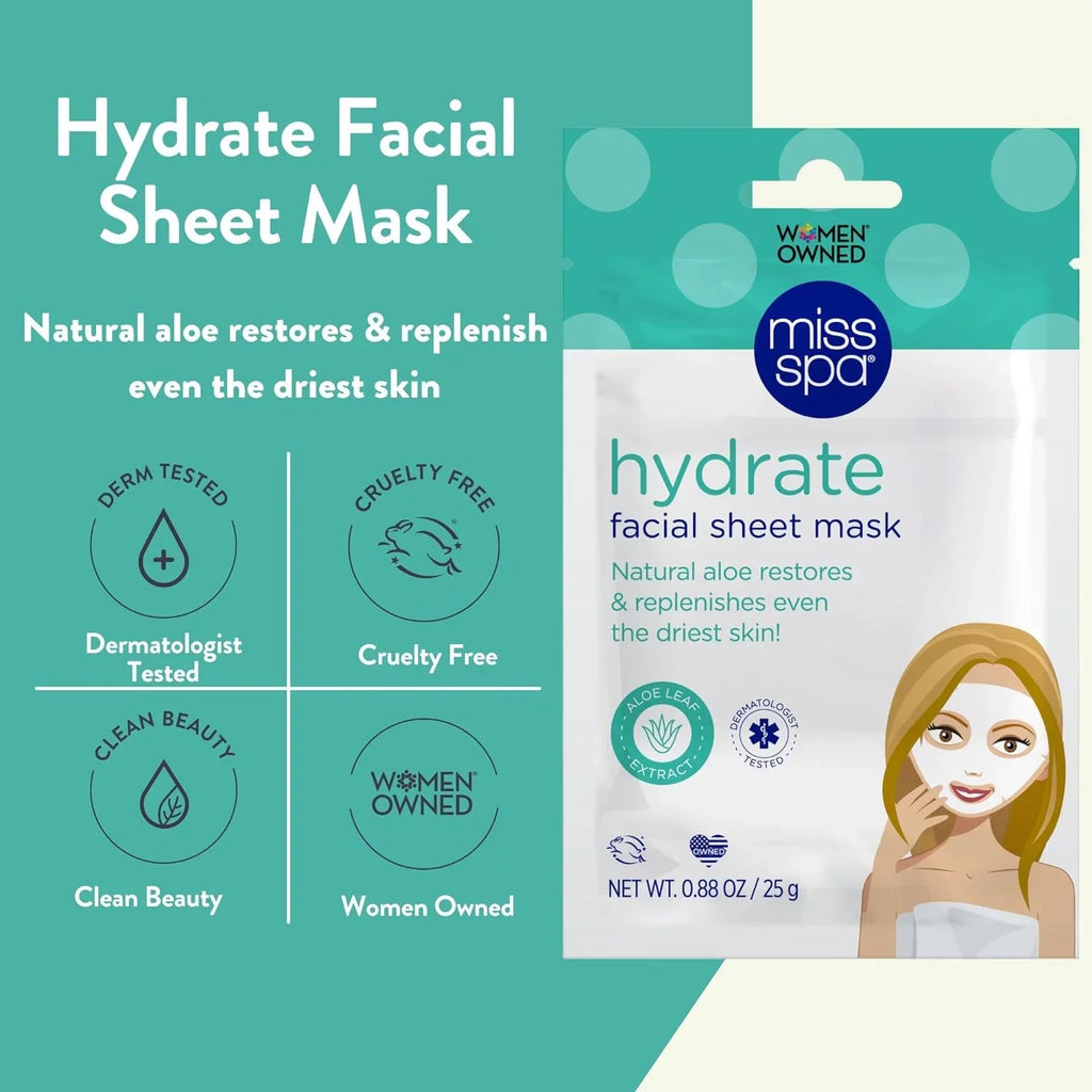 Miss Spa Hydrating Face Sheet Mask with Aloe, Skin Care for Women, 4-Pack