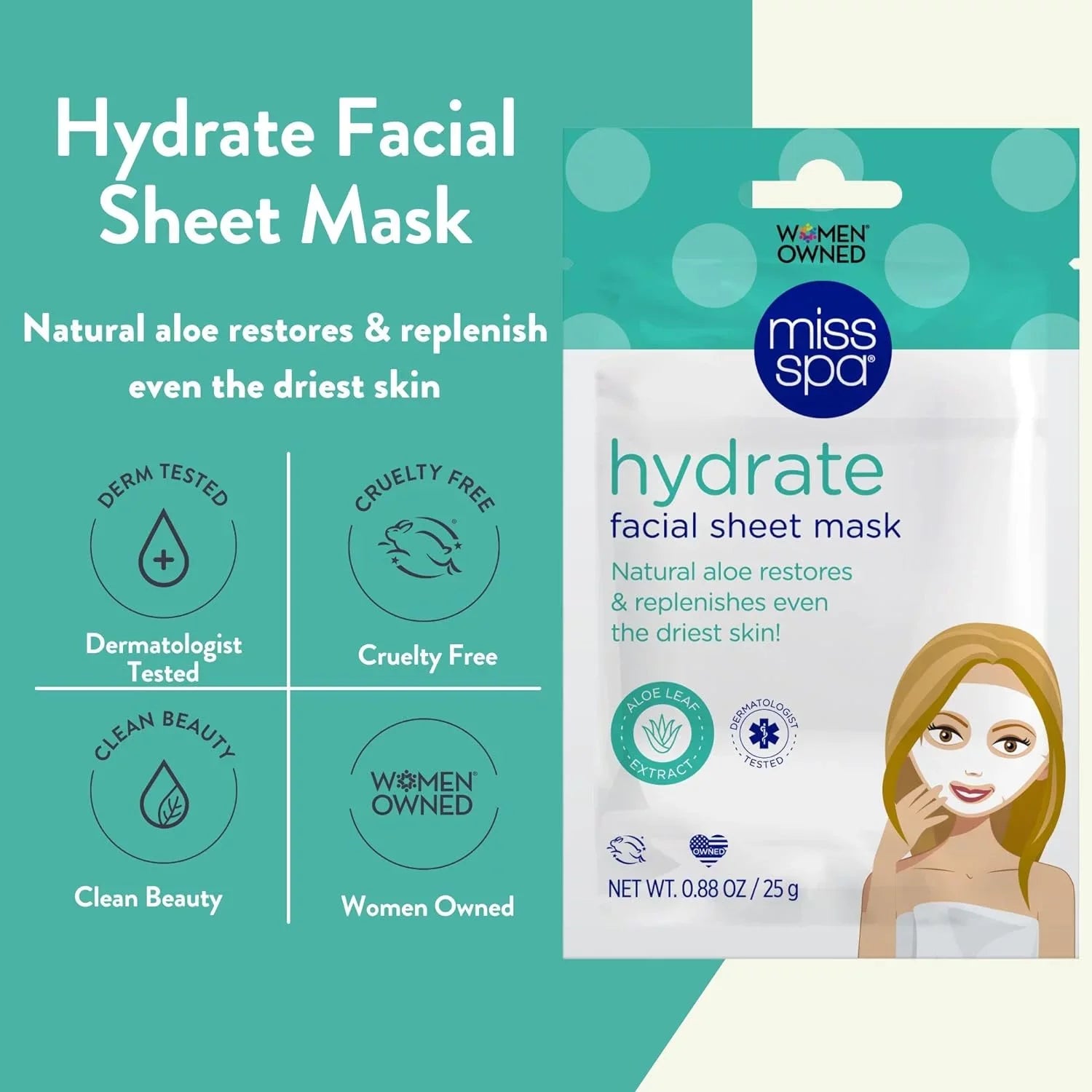 Miss Spa Hydrating Face Sheet Mask with Aloe, Skin Care for Women, 4-Pack