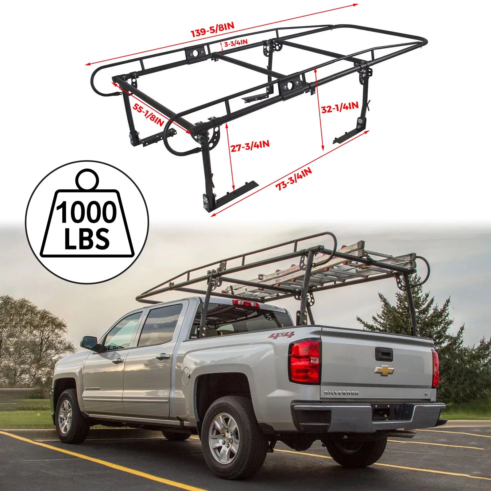 60" Over-Cab Truck Rack 1000 Lbs Adjustable Truck Ladder Rack Pickup Lumber Utility Kayak Rack Full Size