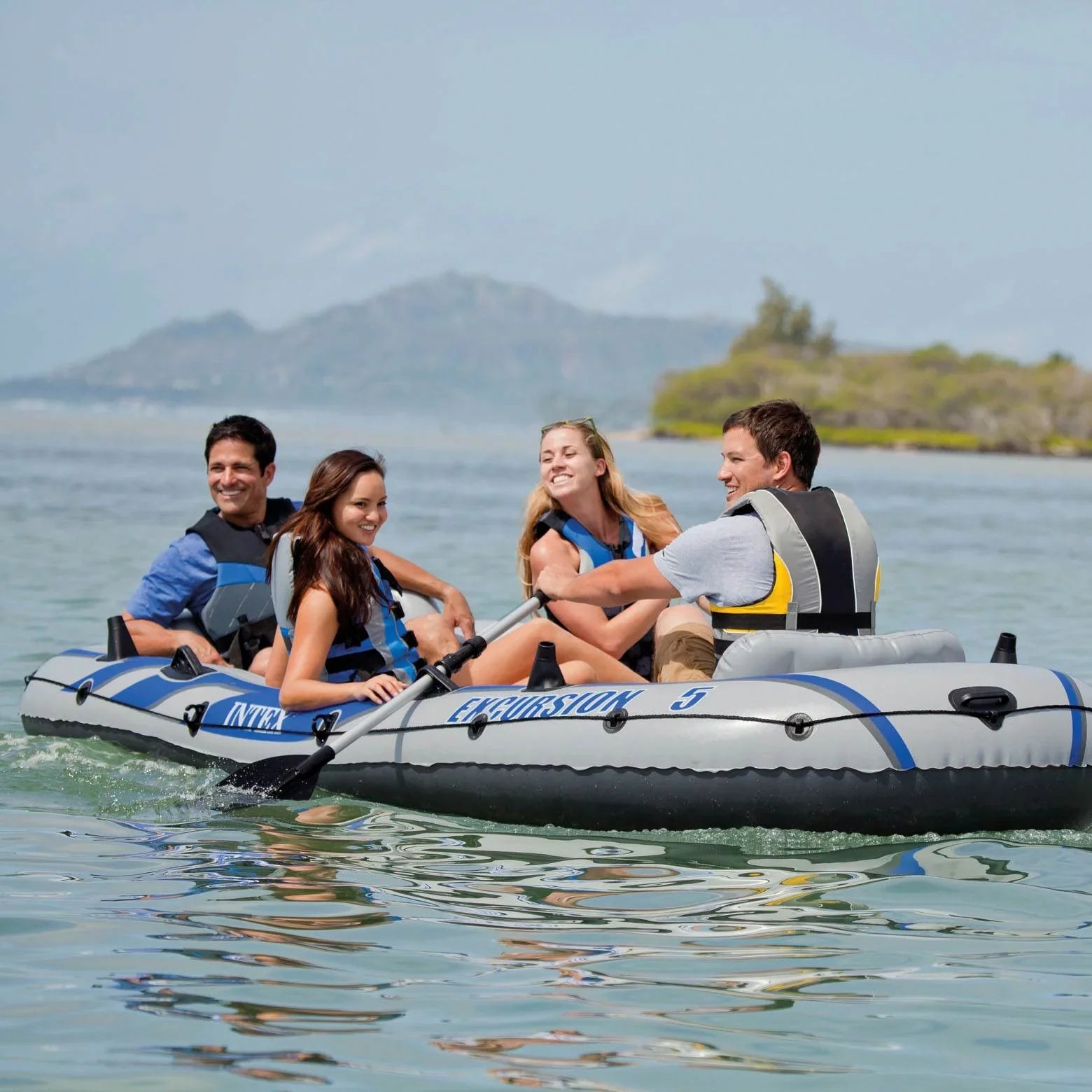 Intex 5 Person Fishing Boat Set w/2 Oars & Eight Speed Trolling Motor