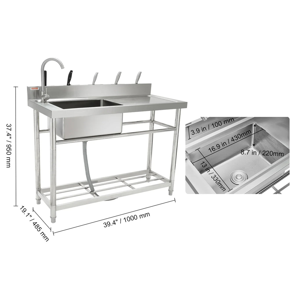Stainless Steel Utility Sink Single Bowl w/Workbench 39.4 x 19.1 x 37.4 in