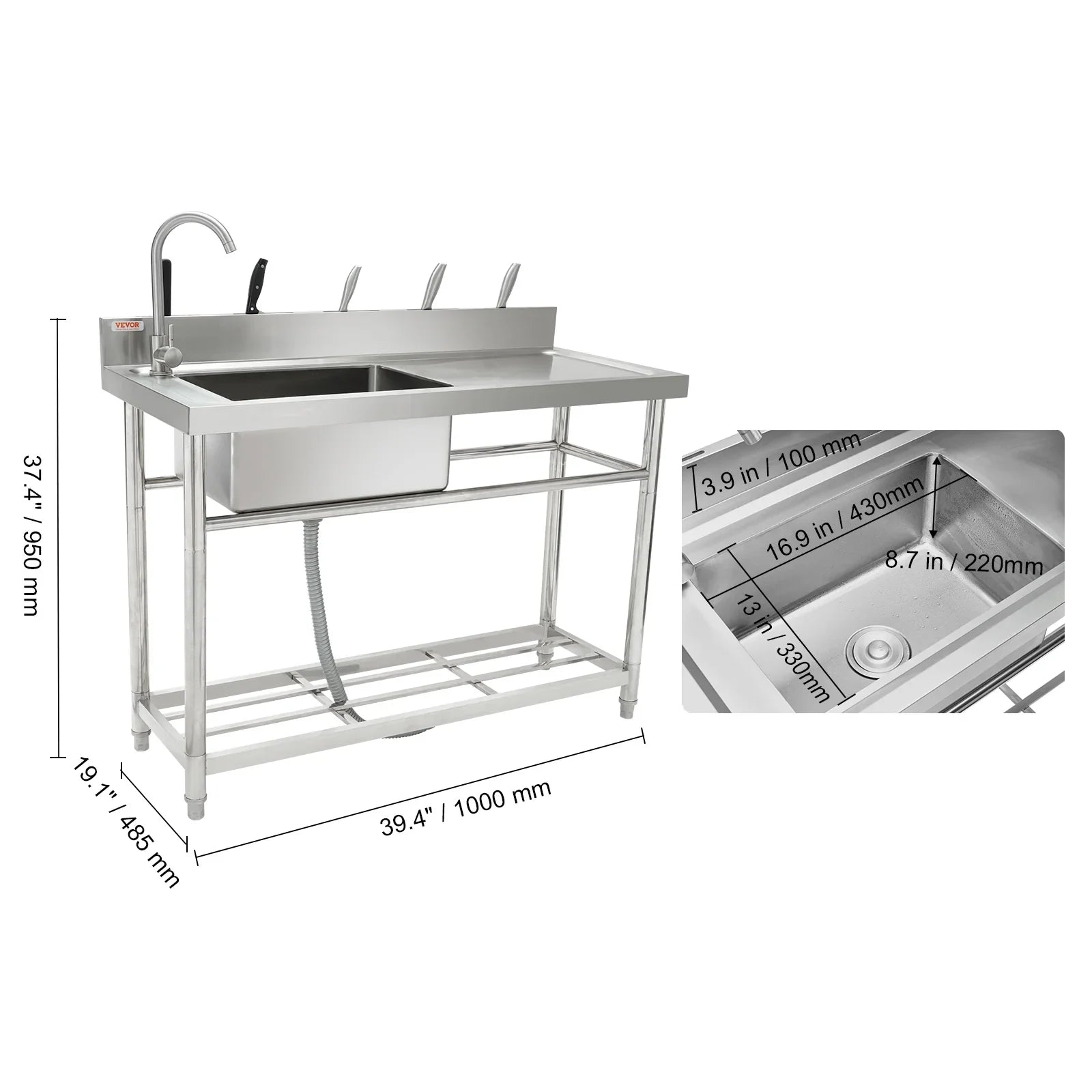 Stainless Steel Utility Sink Single Bowl w/Workbench 39.4 x 19.1 x 37.4 in