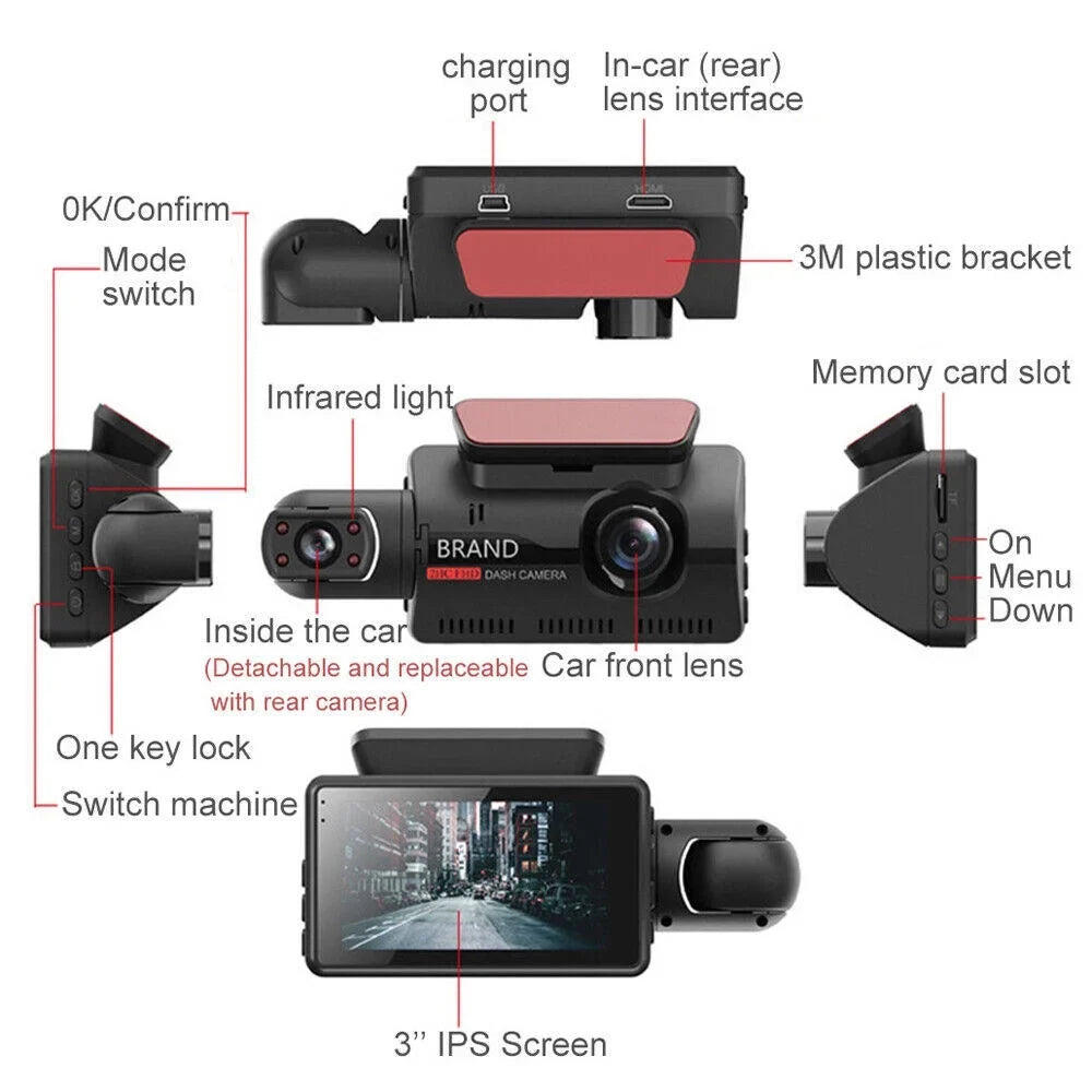 1080P  Dash Cam Front And Rear And Interior 3 Cameras With  Dual Lens Car  Night DashCam Vehicle Camera Auto