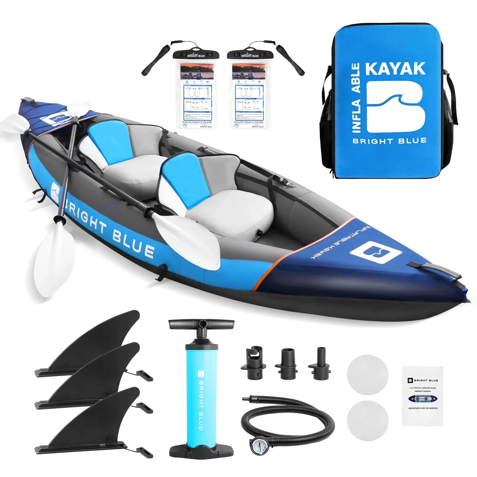 2 Person Inflatable Kayak for Adults Polyester Travel Entertainment Small River or Lake Blue