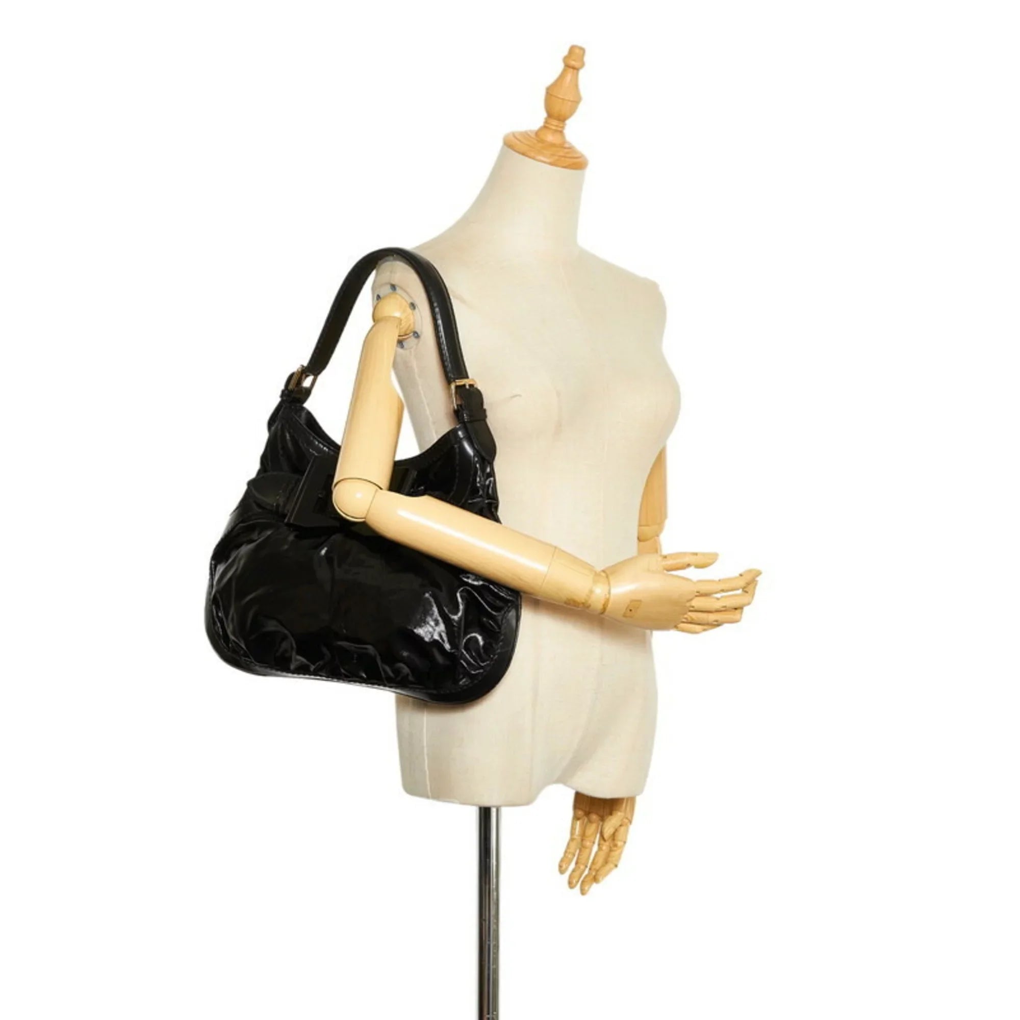 Pre-Owned Gucci Ribbon Handbag Hobo Bag 189885 Black Patent Leather Ladies  (Good)