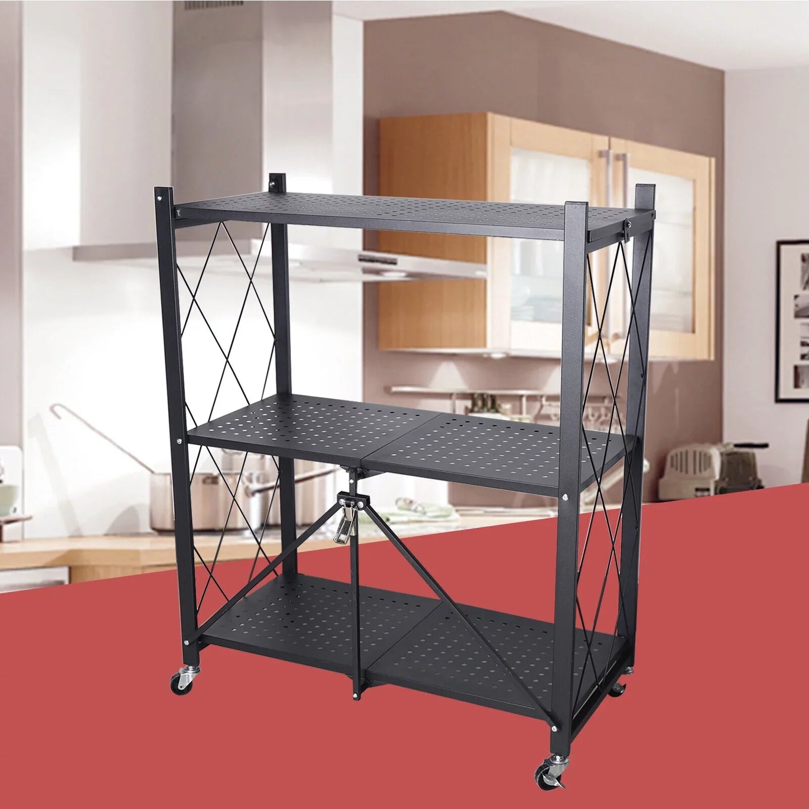 Miumaeov 3-Tier Kitchen Foldable Metal Rolling Trolley Cart Movable Utility Rack Storage Shelves Holder with Wheel (Black)