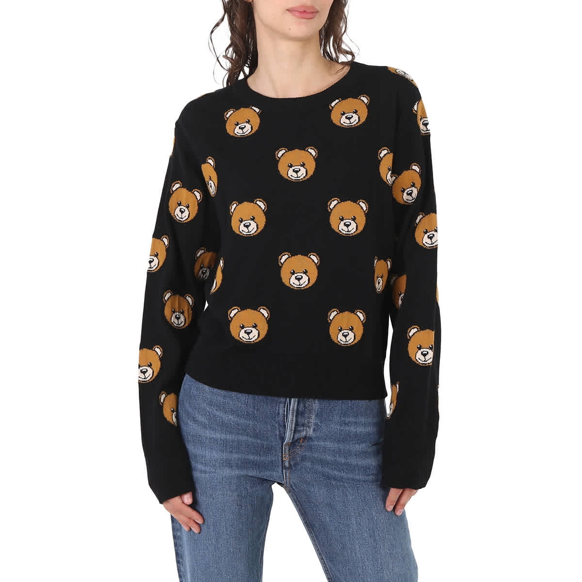 Moschino Ladies Fantasia Black Teddy Bear-Print Wool Jumper, Brand Size 38 ( Size 4)