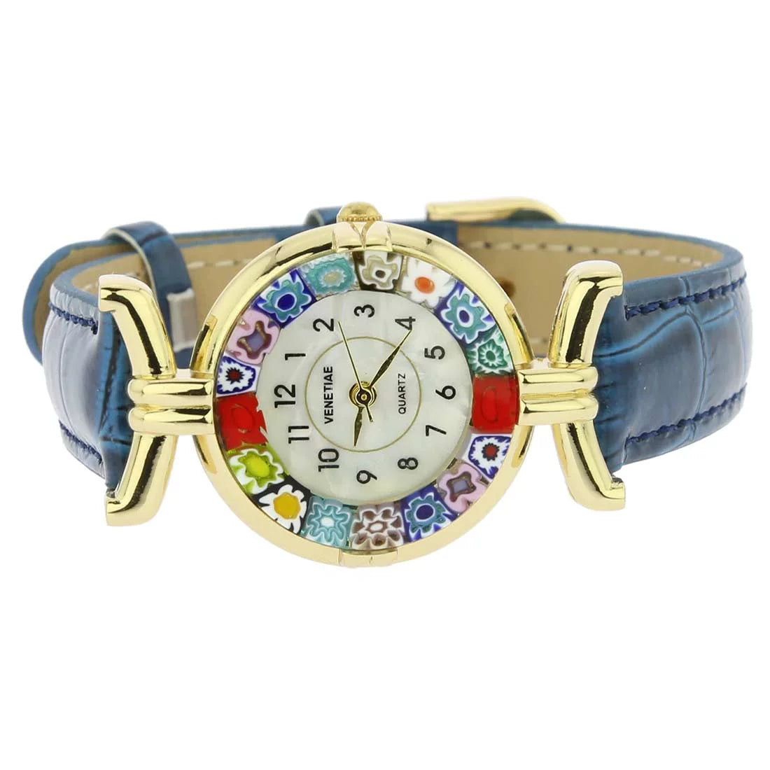 GlassOfVenice Murano Glass Millefiori Watch with Leather Band - Blue Multicolor