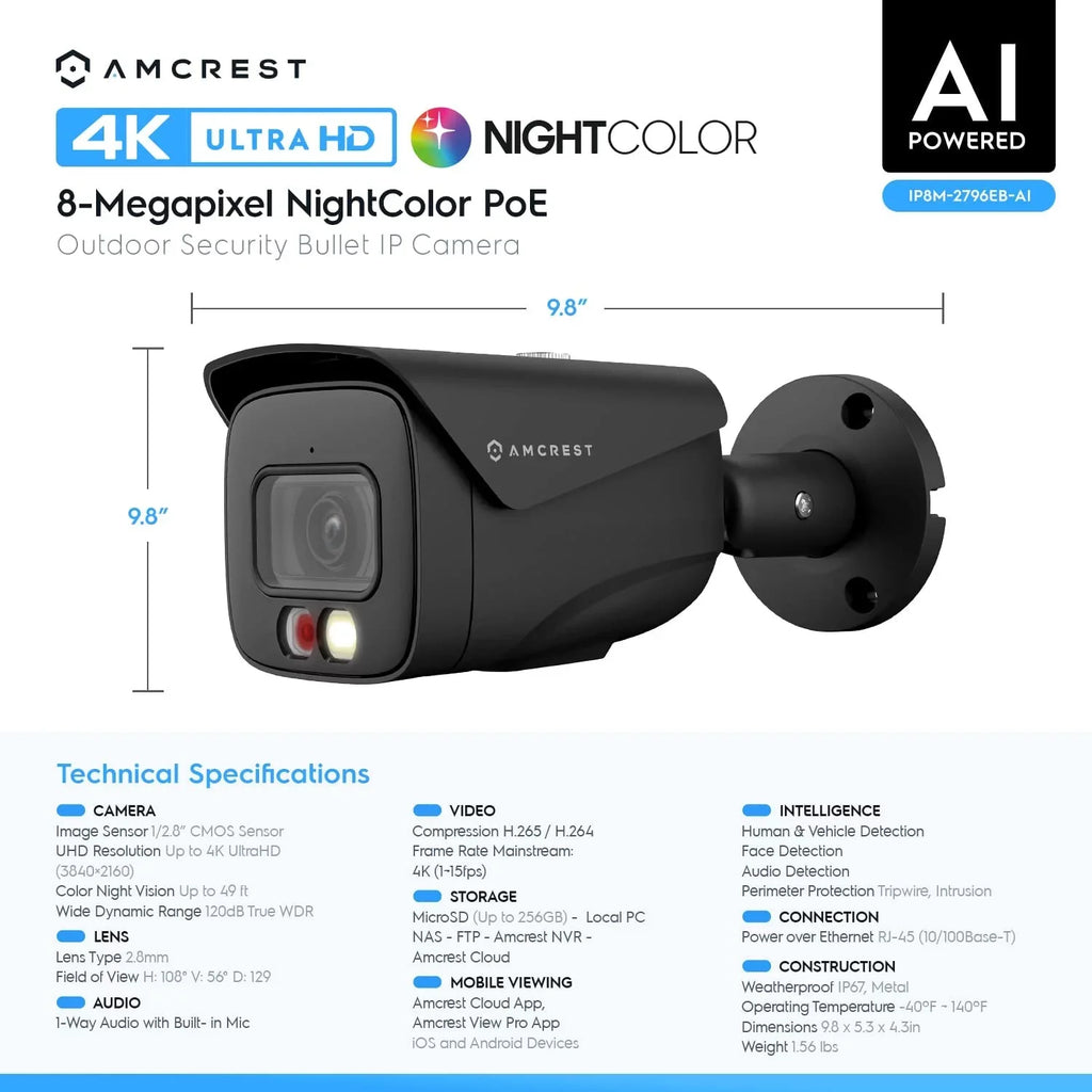 Amcrest 4K  PoE  Camera UltraHD 8MP Security Outdoor Camera,  129°, 49ft Color Nightvision, Human & Vehicle Detection,  Weatherproof, 4K (3840x2160) @15fps, Black, -2796EB-