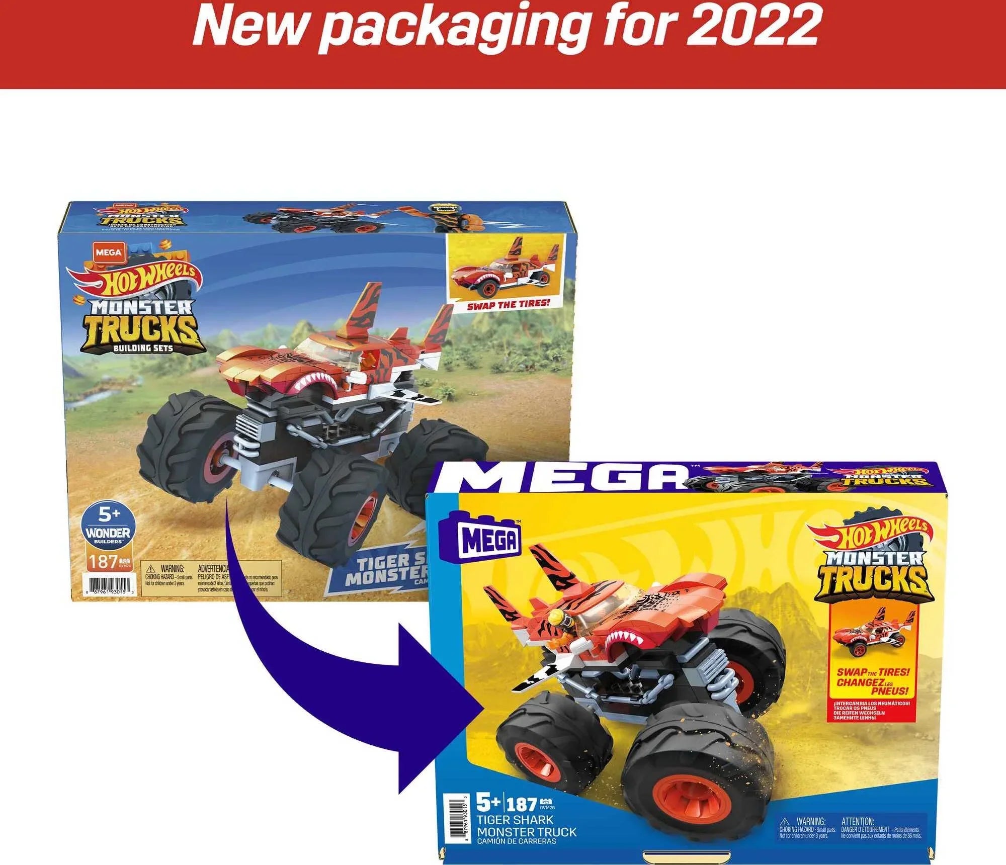 Hot Wheels Tiger Shark Monster Truck Building Set with 1 Figure (187 Pieces)
