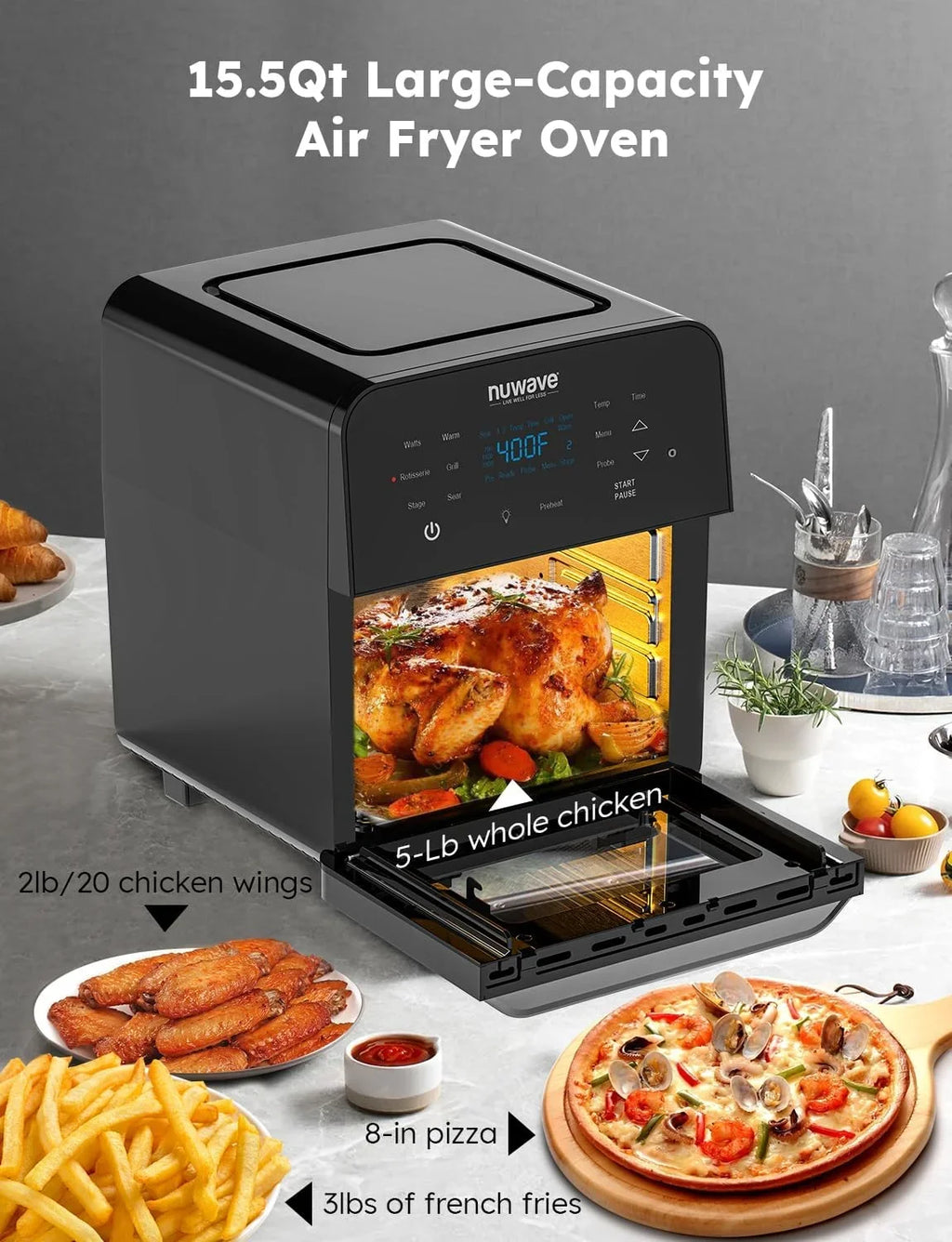 Brio Air Fryer Oven, 15.5Qt -Large Family Size,  Rotisserie Basket &-Skewer Kit, Powerful 1800W, 50F-425F Temp Controls, Integrated Smart Thermometer