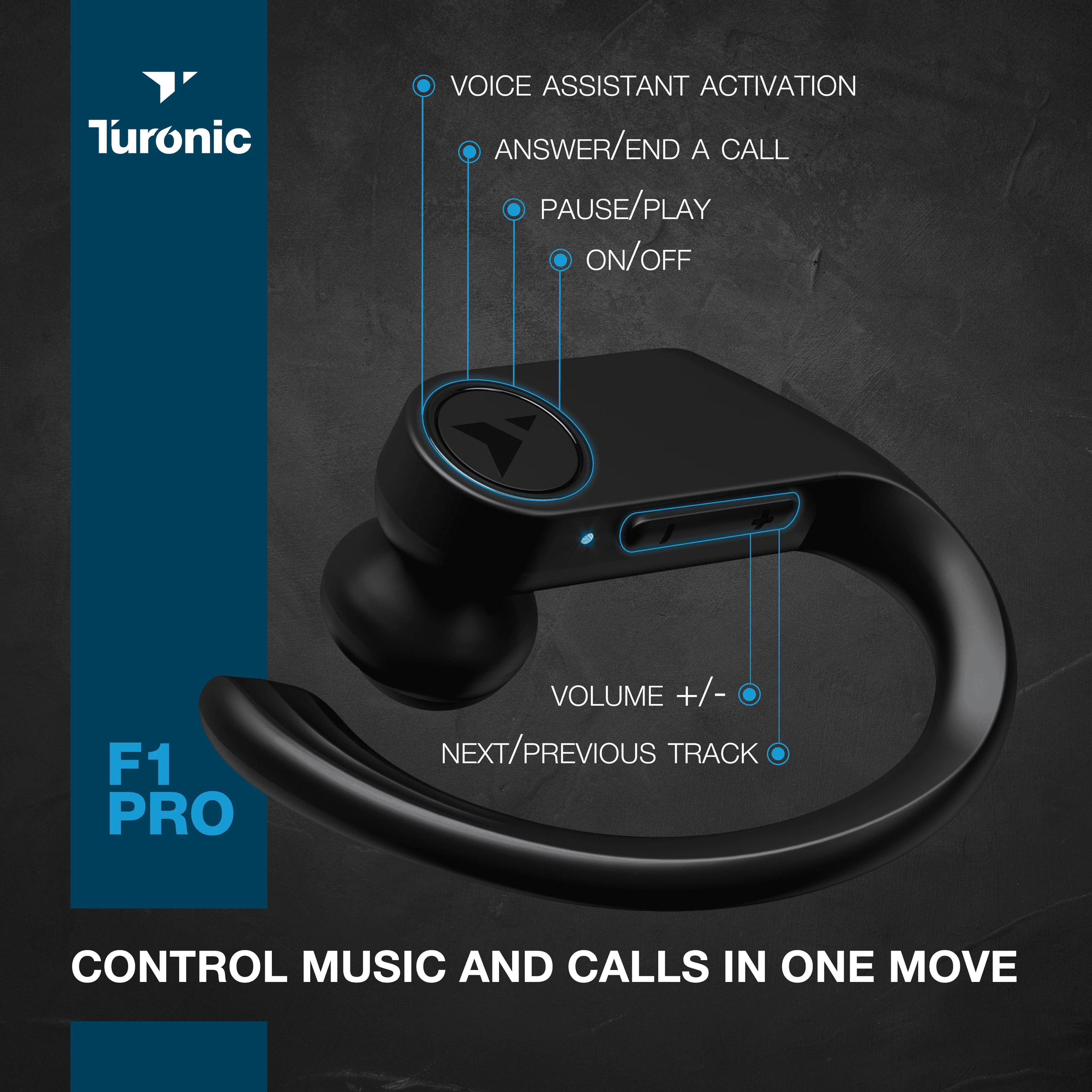 Turonic  Pro - True Wireless Earbuds - 45H Playtime, Charging case, Mic,  Waterproof Bluetooth Headphones w/Microphone - Sport Wireless Earphones with Earhook for Gym, Running, Workout - Black