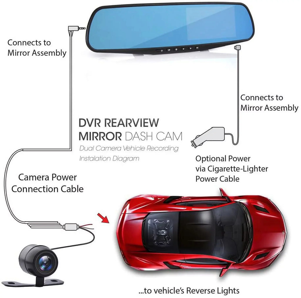 Pyle  1080p 4.3" Dual Camera Dash Cam Vehicle Recording System Rearview Mirror