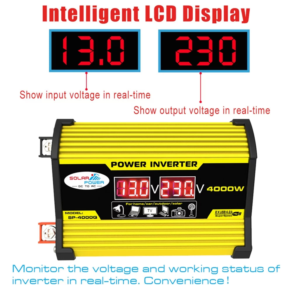 Gecheer Portable Inverter Car Power Inverters DC12Volt To AC110220Volt Transformer 4000W Modified SineWave Inverter Dual  Display Auto Inverters