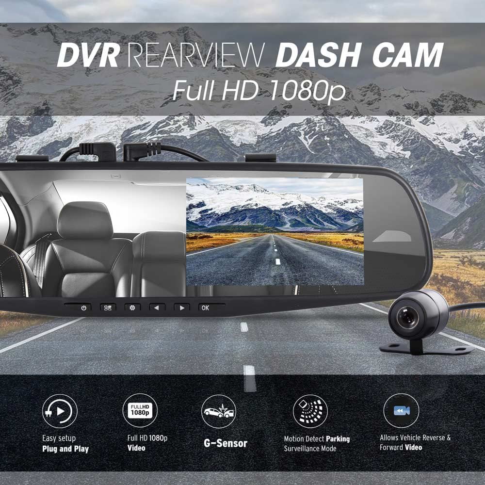 Pyle  1080p 4.3" Dual Camera Dash Cam Vehicle Recording System Rearview Mirror