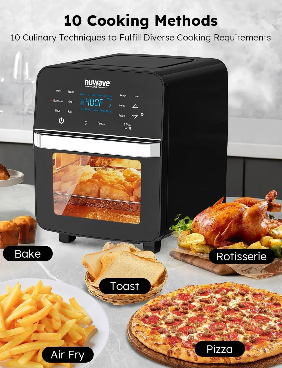 Brio Air Fryer Oven, 15.5Qt -Large Family Size,  Rotisserie Basket &-Skewer Kit, Powerful 1800W, 50F-425F Temp Controls, Integrated Smart Thermometer