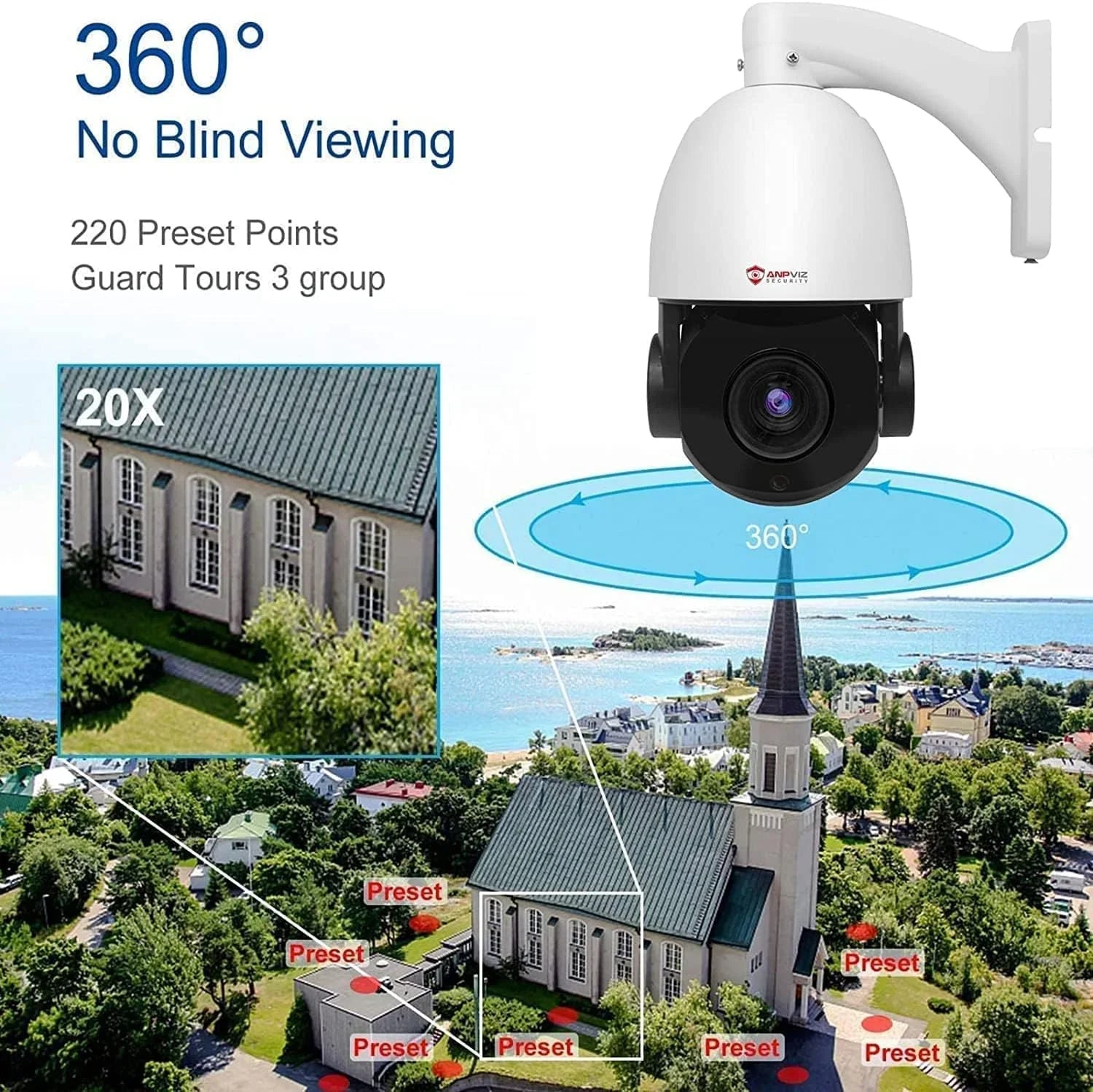 Anpviz 5MP PoE   Surveillance Camera 20X Optical Zoom,   Security Camera Outdoor Indoor with Mic/Audio, Person Vehicle Detection,  Night Vision, Metal, Pan 360°/Tilt 90°,  Waterproof