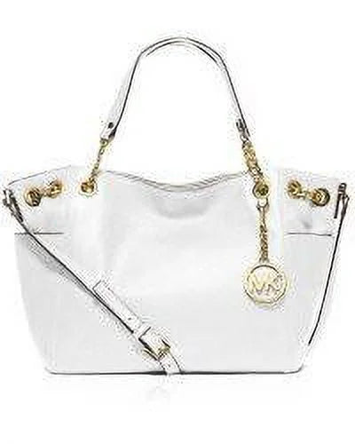 Michael Kors Optic White Leather Large Jet Set Chain Tote Pocket Bag