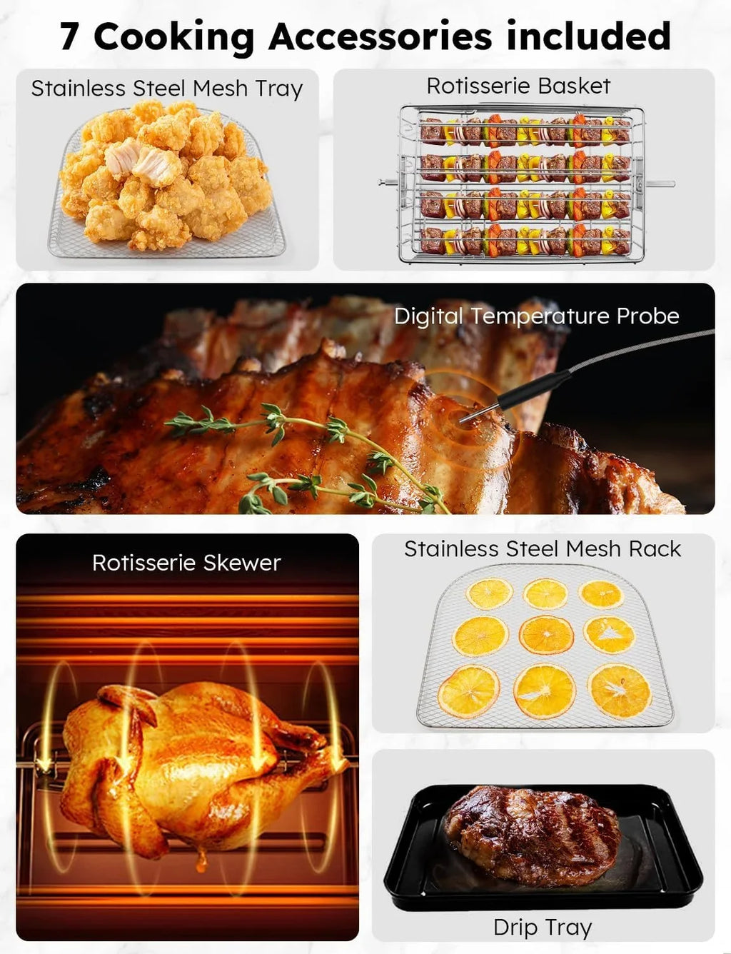 Brio Air Fryer Oven, 15.5Qt -Large Family Size,  Rotisserie Basket &-Skewer Kit, Powerful 1800W, 50F-425F Temp Controls, Integrated Smart Thermometer