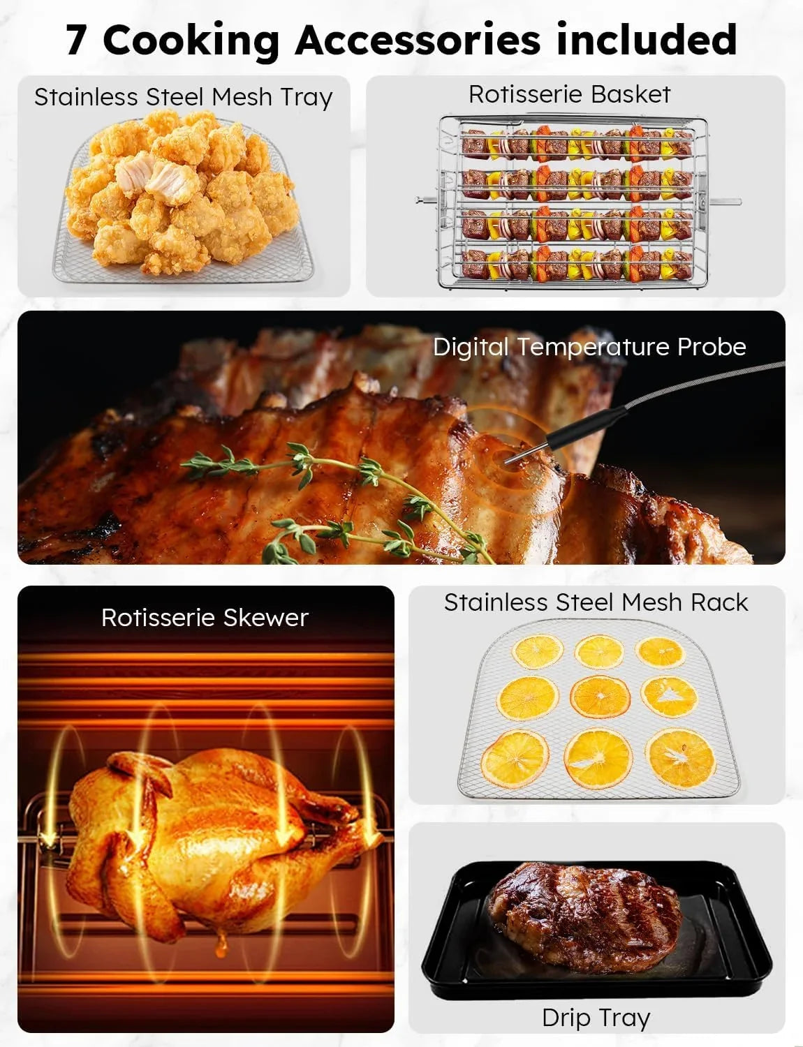 Brio Air Fryer Oven, 15.5Qt -Large Family Size,  Rotisserie Basket &-Skewer Kit, Powerful 1800W, 50F-425F Temp Controls, Integrated Smart Thermometer