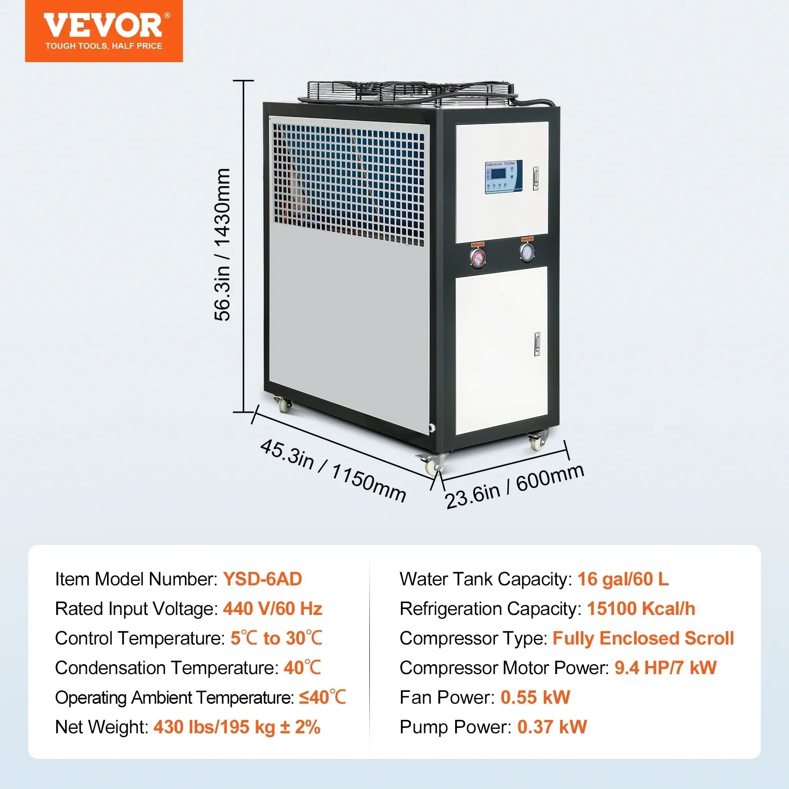 Air-cooled Industrial Water Chiller 9.4HP 16 Gal 60L for Cooling Water