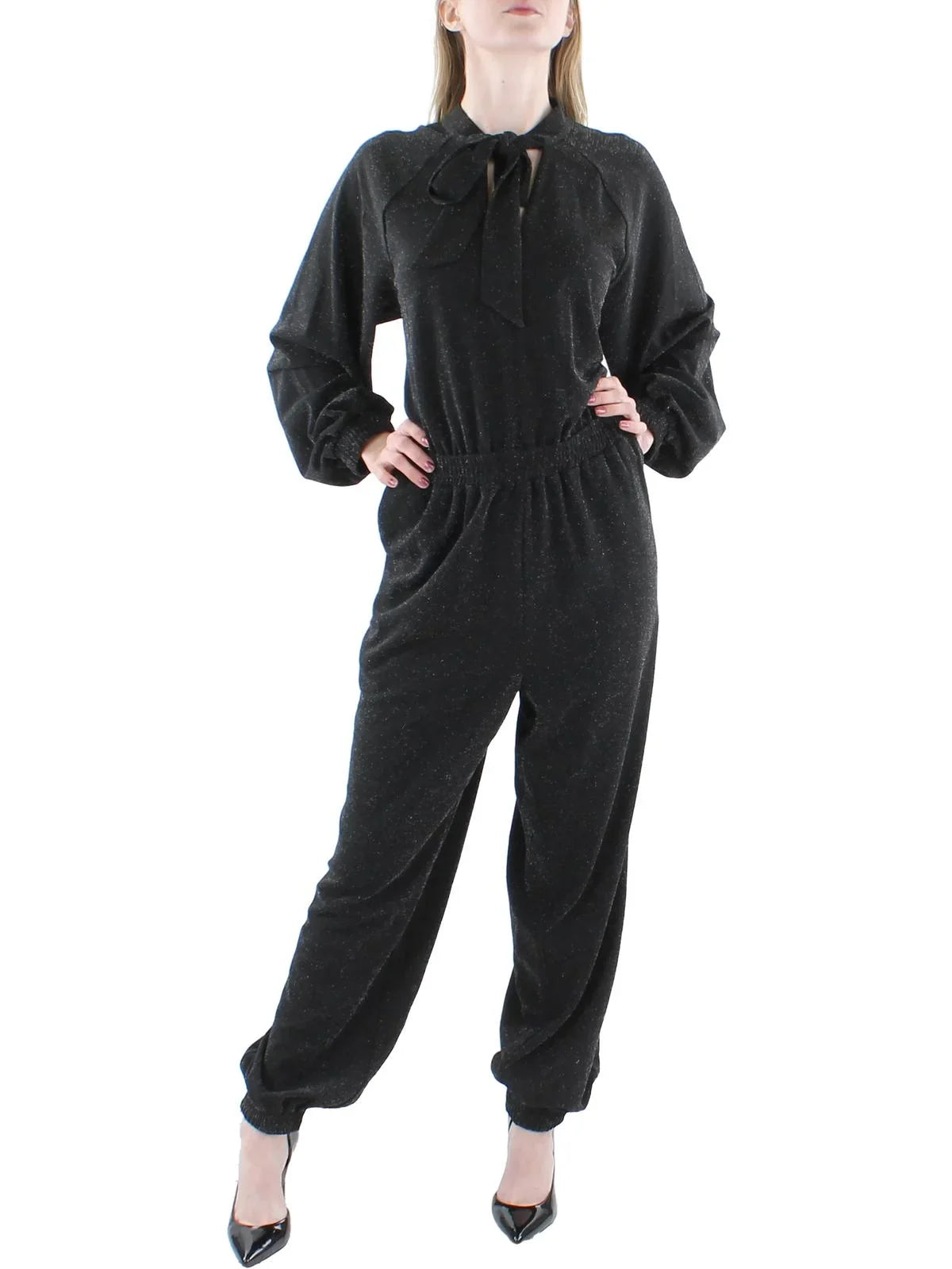 Karl Lagerfeld Paris Womens Metallic Jogger Jumpsuit