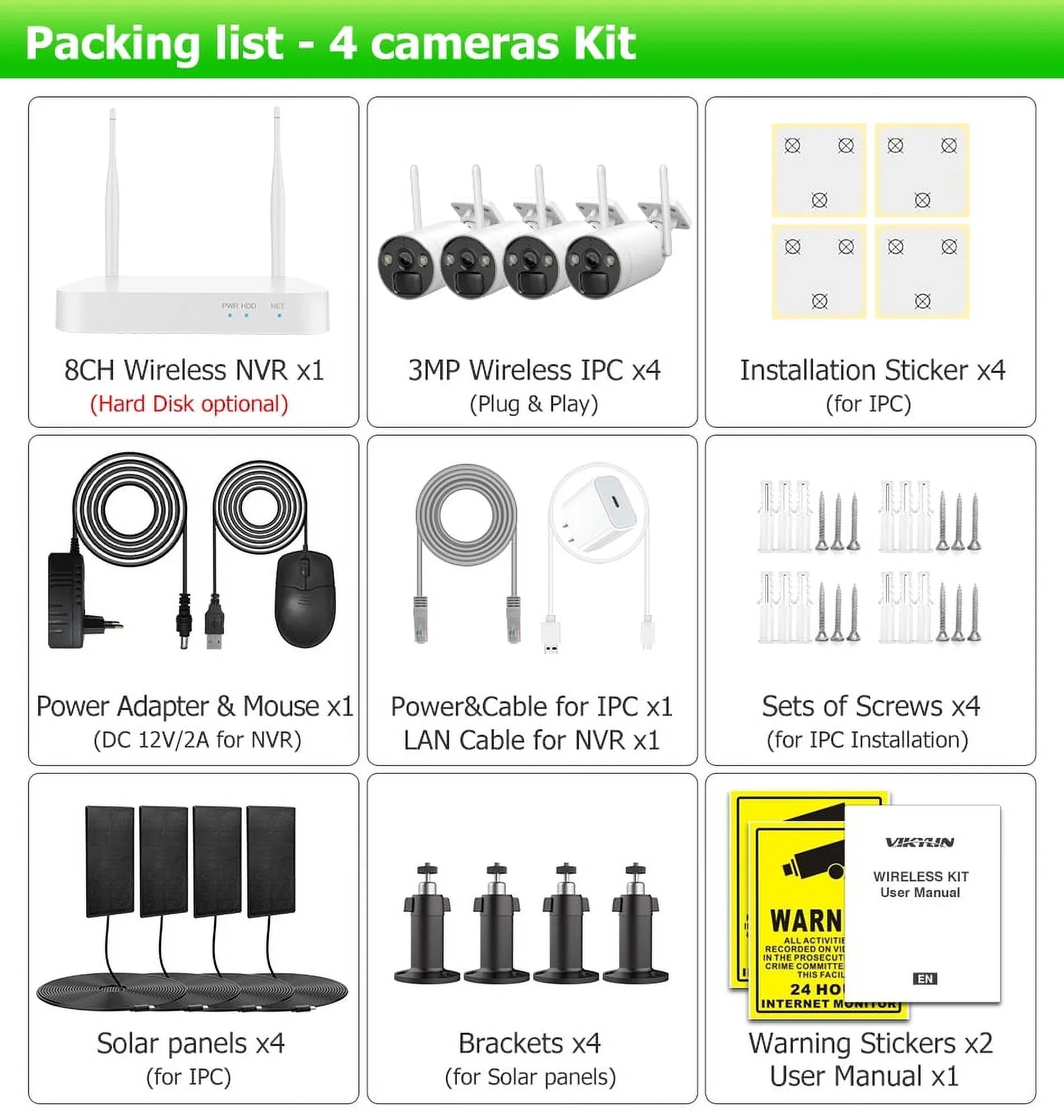 8CH WiFi  System 4Pcs 3MP Battery Camera , 4 Solar Panels ,  2.5inch  Wireless