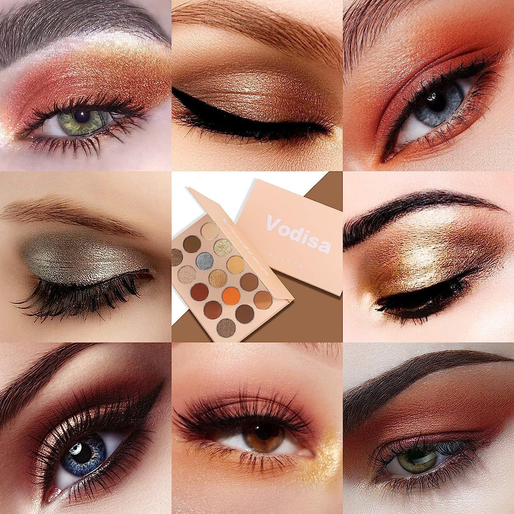 Vodisa Colorful Eyeshadow Palette Matte Shimmer High Pigmented Eyeshadow Pallet 15 Colors Professional Makeup Nudes Warm Natural Long Lasting Waterproof Eye Shadow with Make Up Brushes Set (