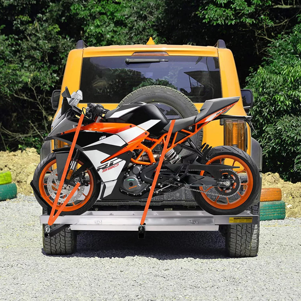Aluminum Motorcycle Carrier with Loading Ramp, 2" receiver Hitch-Mounted Motorcycle Dirt Bike Scooter Carrier Hitch Rack Hauler Trailer