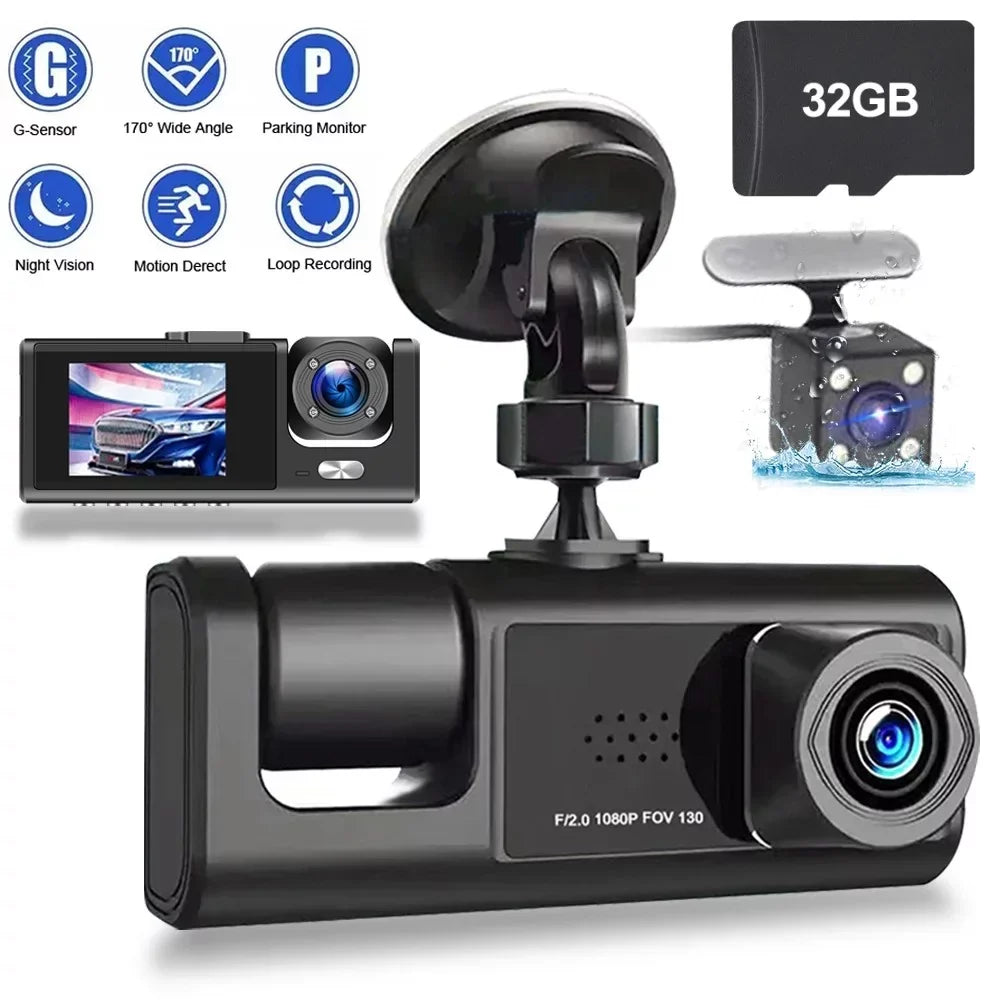 3 Channel Dash Cam Front and Rear Inside /32GB  Card, Full  1080P Dash Camera for Cars, Dashcam Three Way Triple Car Camera / Night Vision, Loop Recording, -Sensor, Parking Monitor