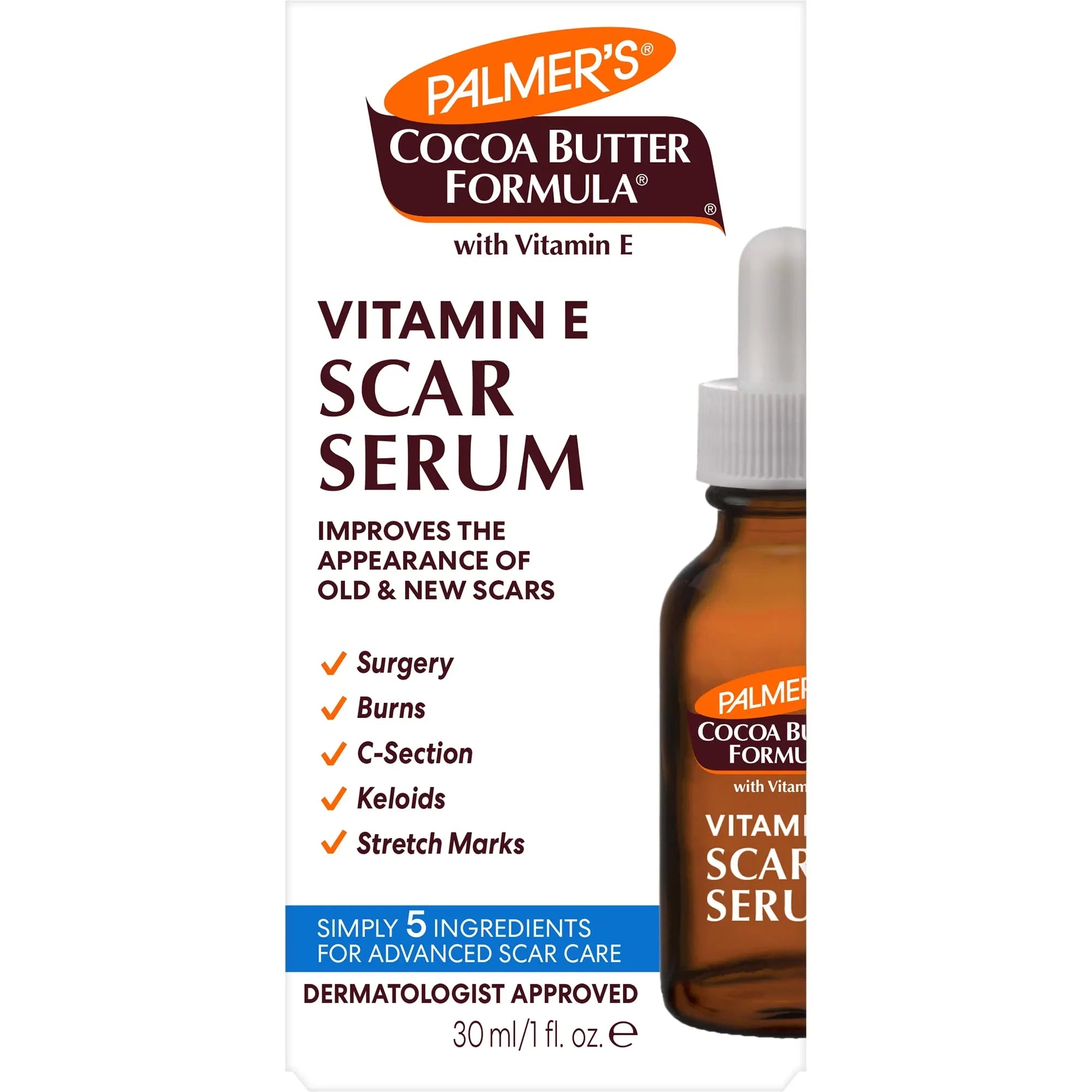 Palmer, Cocoa Butter Formula Scar Serum, Skin Brightening Oil For Face & Body, Concentrated Serum With Vitamin , Fragrance Free, 1 Fl Oz