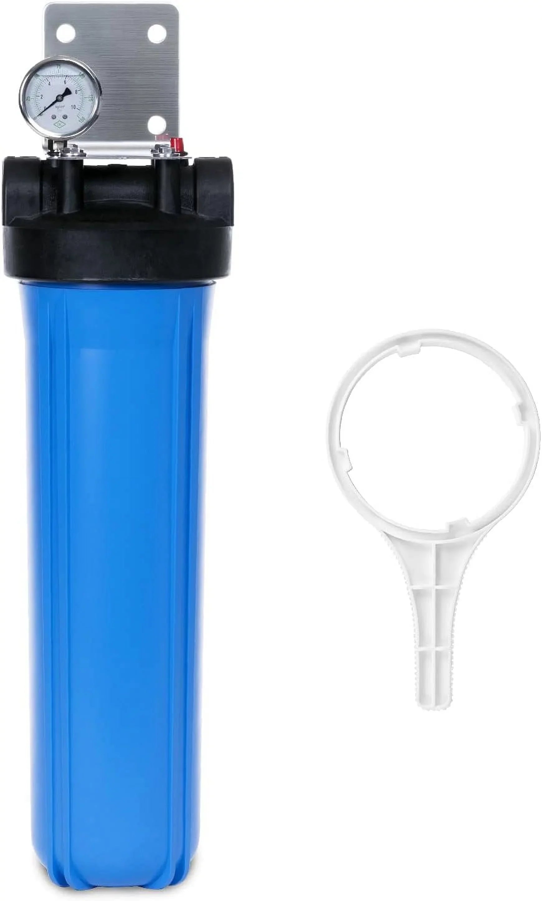 Whole House Water Filter Housing, Universal 20-Inch Housing 4.5”  20”, 1-Inch  Inlet Outlet, Heavy Duty Standard Size Replacement Includes Bracket, Pressure Gauge, Wrench
