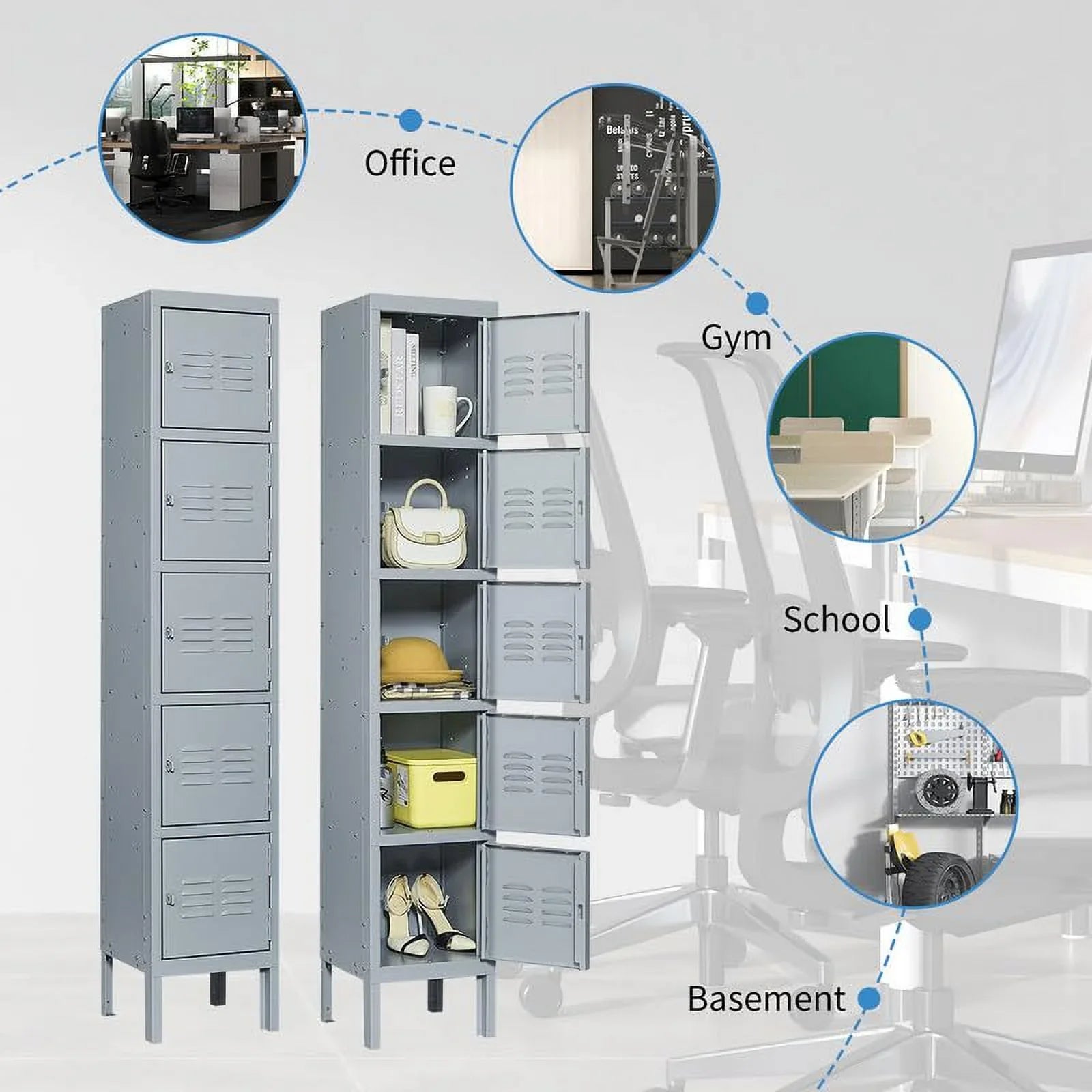 66" Metal Storage Cabinet Locker for School, Gym, Home Office, Steel Locker Cabinet With 5 Doors for Employees, Students
