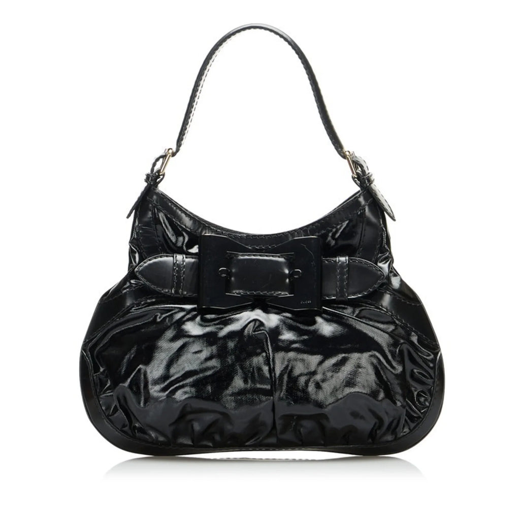 Pre-Owned Gucci Ribbon Handbag Hobo Bag 189885 Black Patent Leather Ladies  (Good)
