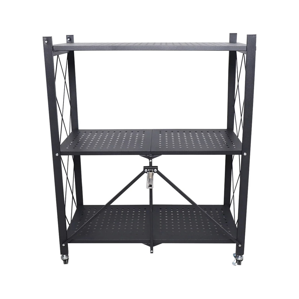 Miumaeov 3-Tier Kitchen Foldable Metal Rolling Trolley Cart Movable Utility Rack Storage Shelves Holder with Wheel (Black)