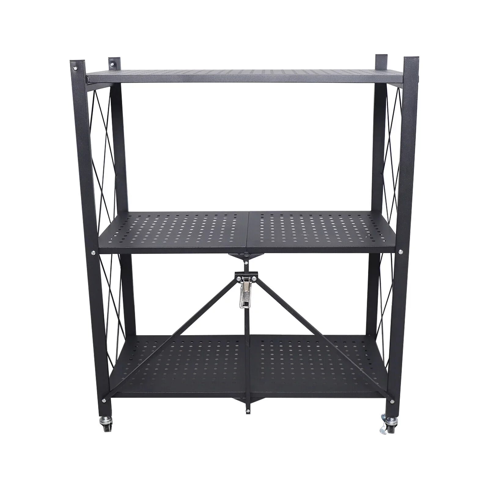 Miumaeov 3-Tier Kitchen Foldable Metal Rolling Trolley Cart Movable Utility Rack Storage Shelves Holder with Wheel (Black)