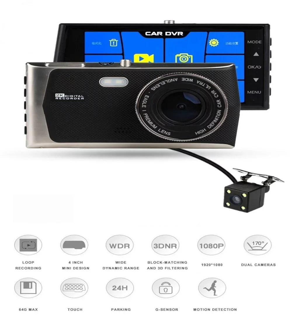 Dash Cam 4"  Touch Screen Dual Lens Car Camera 1080P  Video Record and Backup Camera, 170 Degree Angle,-Sensor,Parking Monitor, Loop Record& Night  32