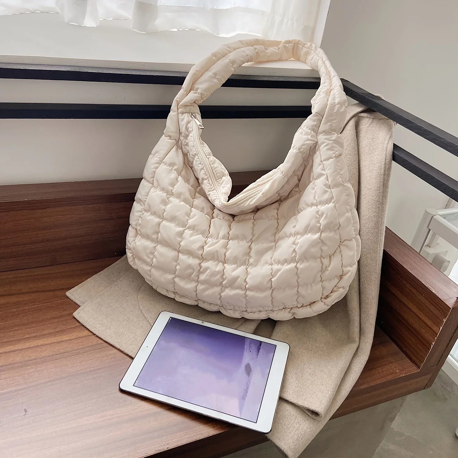 Junior Quilted Tote, Padded Argyle Quilted Crossbody Hobo Bag, Cotton Filled Large Capacity Shoulder Tote Bag For Work
