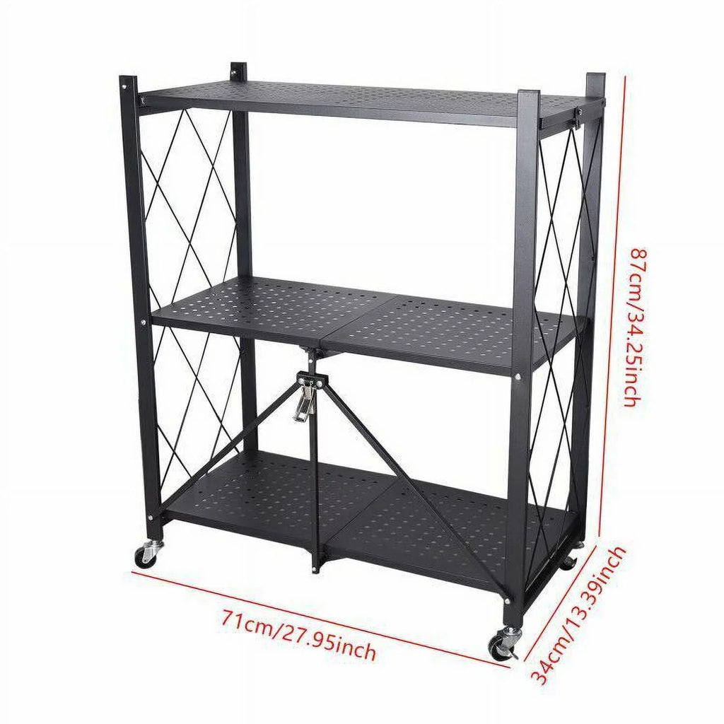 Miumaeov 3-Tier Kitchen Foldable Metal Rolling Trolley Cart Movable Utility Rack Storage Shelves Holder with Wheel (Black)