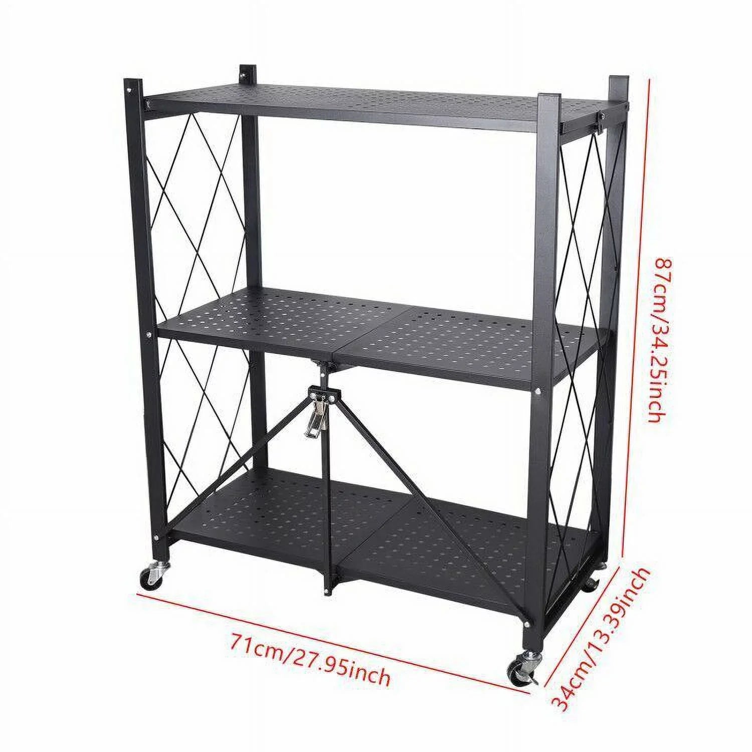 Miumaeov 3-Tier Kitchen Foldable Metal Rolling Trolley Cart Movable Utility Rack Storage Shelves Holder with Wheel (Black)