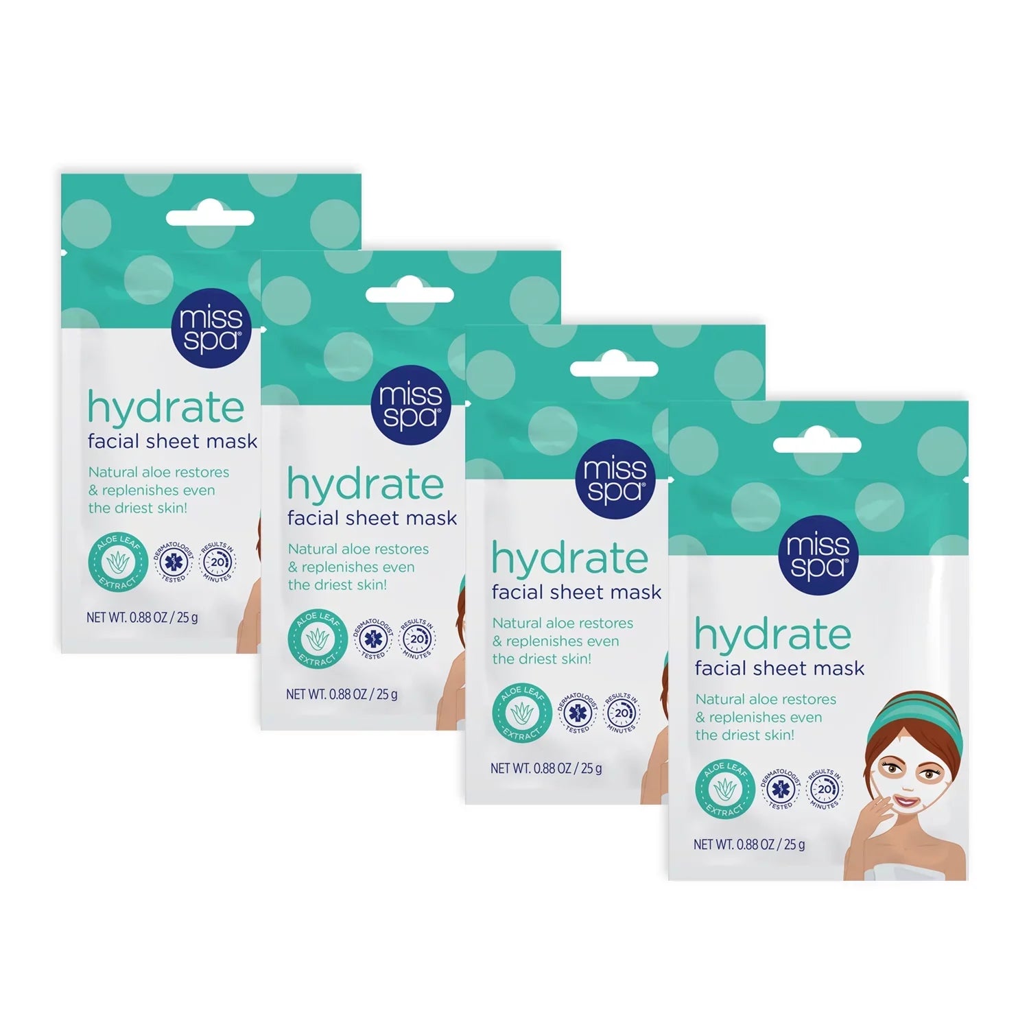 Miss Spa Hydrating Face Sheet Mask with Aloe, Skin Care for Women, 4-Pack