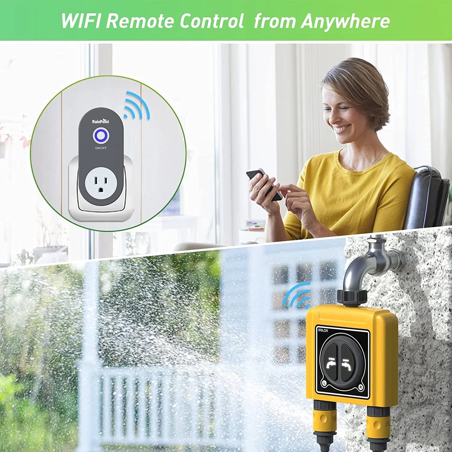 WiFi Sprinkler Timer 2 Outlets Water Timer, Smart Hose Timer, 2-Zone Watering System Irrigation Valve Controller with Wi-Fi Hub Socket, Automatic Rain Delay, Voice Control, for Garden Lawn