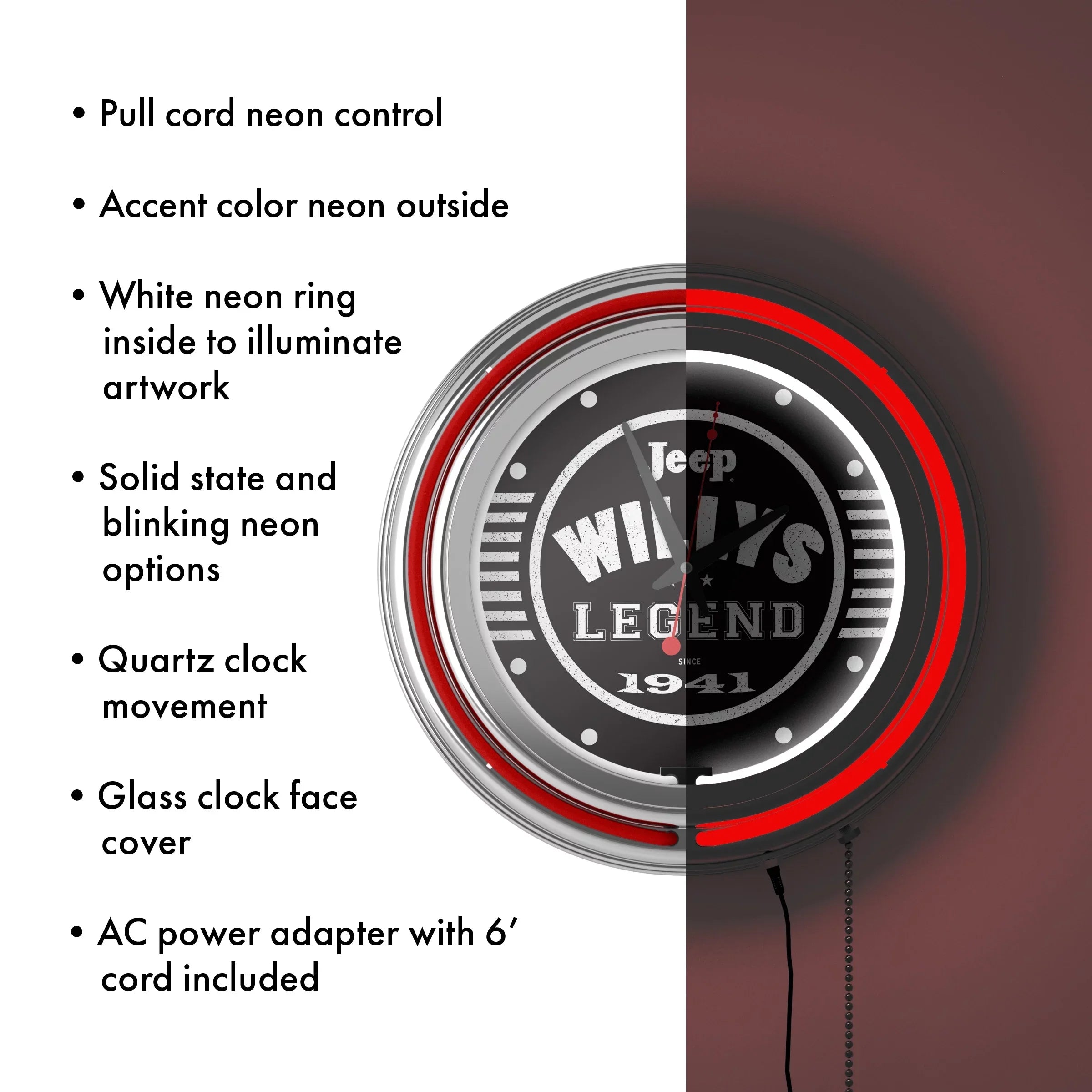 Neon Wall Clock-Jeep Willys Legend Black Double Rung Analog Clock with Pull Chain-Pub, Garage, or Man Cave Accessories (Red)