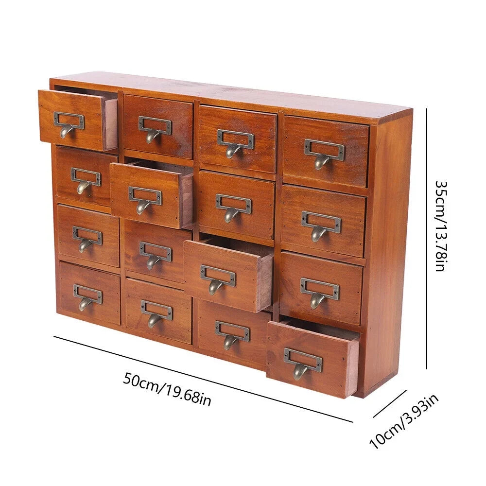 16 Drawers Vintage Wood Apothecary Medicine Cabinet Label Holder Card Catalog