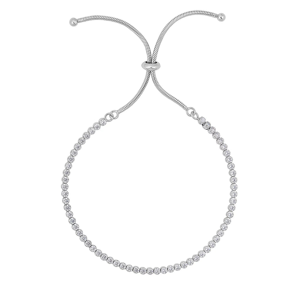 JewelStop Silver Rhodium Finish Shiny Tennis Adjustable Bracelet On Snake Chain, Draw String - 9.25 Inches, 4.2gr.