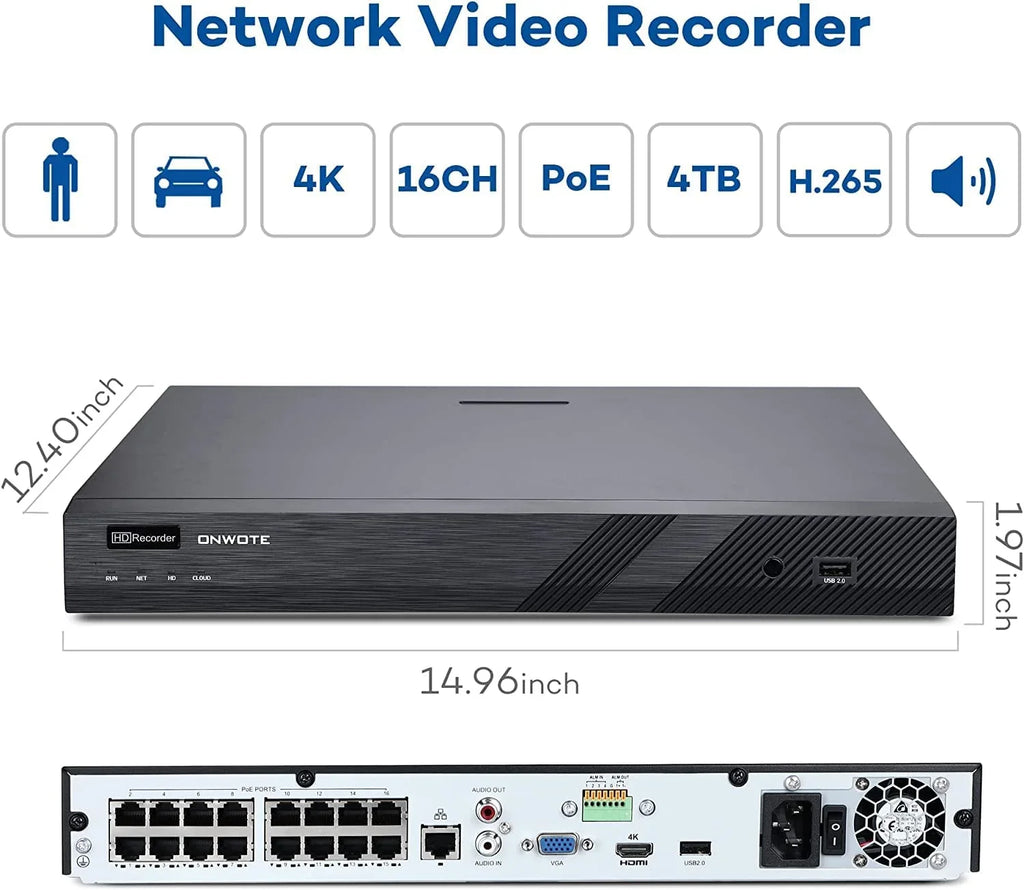 16 Channel 4K 8MP PoE Security Camera System, -Human-Detection, 16CH 8MP  with 4TB  for 24/7 Recording, 8pcs Commercial 4K PoE  Cameras Wired with Audio, 2-Storage-Bay