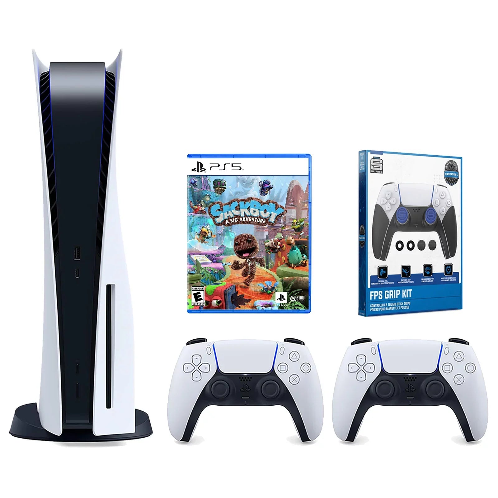 Sony Playstation 5 Disc Version Console with Extra White Controller, Surge  Grip Kit With Precision Aiming Rings and Sackboy:  Big Adventure Bundle
