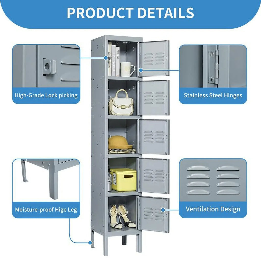 66" Metal Storage Cabinet Locker for School, Gym, Home Office, Steel Locker Cabinet With 5 Doors for Employees, Students