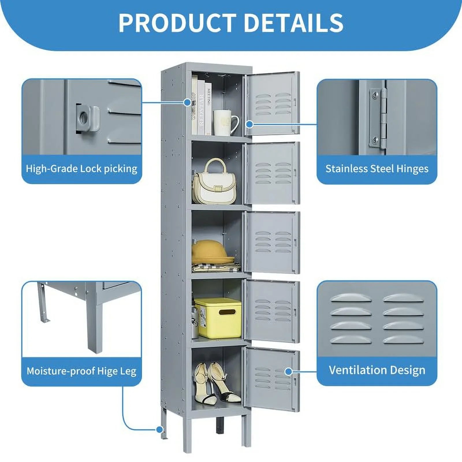 66" Metal Storage Cabinet Locker for School, Gym, Home Office, Steel Locker Cabinet With 5 Doors for Employees, Students
