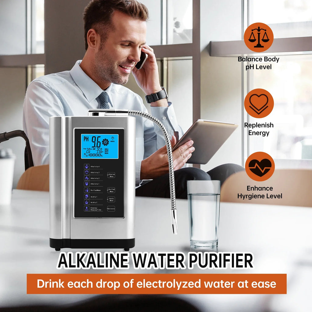 Alka Water Ionizer, Water Purifier Machine  3.5-10.5 Alkaline Acid Water Machine,Up to -500mV , 8000 Liters Per Filter,7 Water Settings,Auto-Cleaning,Intelligent Voice(Silver)